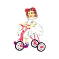 Child girl with red bows in hair in white dress sitting on pink tricycle bicycle, hand painted watercolor illustration