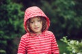 Child girl in red raincoat walking in rainy summer garden. Royalty Free Stock Photo