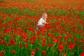 Child girl resting in a poppies spring meadow. Kids play in the field with poppy flowers. Little girl have fun and enjoy Royalty Free Stock Photo