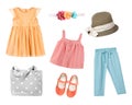 Child girl`s summer clothes isolated,female kid clothing,fashion apparel collection set Royalty Free Stock Photo
