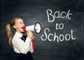 Child Girl Screaming In Megaphone, Back to School Advertisement, Pupil Kid Advertising over Blackboard Royalty Free Stock Photo