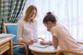 Child girl at session with social worker, school psychologist in office Royalty Free Stock Photo