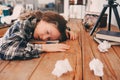 Child girl sleeping while doing homework Royalty Free Stock Photo