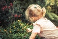 Child girl smelling beautiful flowers in blossoming summer park concept saving nature lifestyle Royalty Free Stock Photo