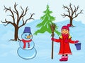 Child girl and snowman in wintertime Royalty Free Stock Photo