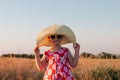 Child girl in straw hat dress in wheat field. Smiling kid in sunglasses sunset countryside. Cottagecore style aesthetic Royalty Free Stock Photo