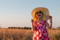 Child girl in straw hat dress in wheat field. Smiling kid in sunglasses sunset countryside. Cottagecore style aesthetic Royalty Free Stock Photo