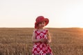 Child girl in straw hat dress in wheat field. Smiling kid in sunglasses sunset countryside. Cottagecore style aesthetic Royalty Free Stock Photo