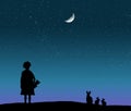 A child, a girl with a teddy bear in hand stands near a rabbit and baby rabbits silhouetted against a night sky