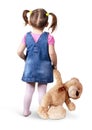 Child girl with toy bear on white, back view