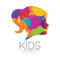 Child Girl Vector Color Logo of Grow Up Kids Silhouette profile human head. Concept logo for people, children, autism