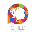 Child Girl Vector logotype in RainbowColor Circle. Silhouette profile human head. Concept logo for people, children