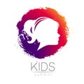 Child Girl Vector logotype in violet circle. Silhouette profile human head. Concept logo for people, children, autism Royalty Free Stock Photo