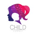 Child Girl Vector logotype in violet Color. Silhouette profile human head. Concept logo for people, children, autism Royalty Free Stock Photo