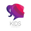 Child Girl Vector logotype in violet Color. Silhouette profile human head. Concept logo for people, children, autism Royalty Free Stock Photo