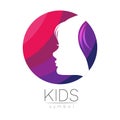 Child Girl Vector logotype in violet Color. Silhouette profile human head. Concept logo for people, children, autism Royalty Free Stock Photo