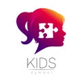 Child Girl violet logotype in vector. Silhouette profile human head. Concept logo for people, children, autism, kids