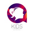 Child Girl violet logotype in vector. Silhouette profile human head. Concept logo for people, children, autism, kids