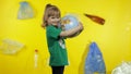 Girl activist hugs Earth globe. Free from plastic. Reduce trash pollution. Save ecology