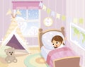 Child girl wakes up in the winter morning in her bedroom. Royalty Free Stock Photo
