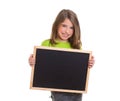 Child girl with white frame copy space black blackboard