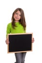 Child girl with white frame copy space black blackboard