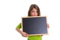 Child girl with white frame copy space black blackboard Royalty Free Stock Photo