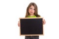 Child girl with white frame copy space black blackboard