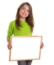 Child girl with white frame copy space white blackboard Royalty Free Stock Photo