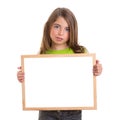 Child girl with white frame copy space white blackboard