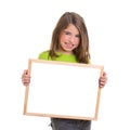 Child girl with white frame copy space white blackboard