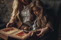 Child girl with woman in image of Sherlock Holmes sits and looks photoalbum with magnifier on background of old interior. Royalty Free Stock Photo