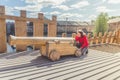 Girl on a wooden Playground in the form of a pirate ship Royalty Free Stock Photo