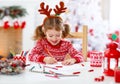 Child girl writing letter santa home near Christmas tree Royalty Free Stock Photo