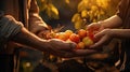 A child giving an elder some plums he picked