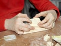 The child glues the part to the workpiece. Children `s master class on manufacturing of wooden ship