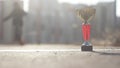 Child goes in for sports, wins trophy cup theme. Close-up of a cup on a treadmill to which a sprightly preschool child is running.