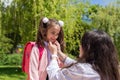 Child going back to school. Mother and kid getting ready for first school day after vacation Royalty Free Stock Photo