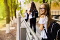 Child going back to school. Start of new school year after summer vacation. Little girl with backpack and books on first Royalty Free Stock Photo