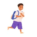 Child going to school with schoolbag and book in hands. Elementary student boy walking with bag. Happy kid running