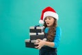 Child got surprise gift. Happy new year. Packaging for gifts. Lot presents. Christmas celebrated throughout globe. Small Royalty Free Stock Photo