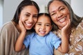 Child, grandmother and mother with smile in their house with love, care and happiness together. Face portrait of a young Royalty Free Stock Photo