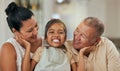 Child, grandparents and love of family with a smile, support and care in home living room together in Mexico. Portrait