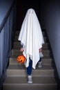 Child in halloween ghost costume with a basket of pumpkin down the stairs