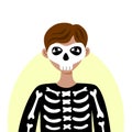 A child in a halloween skeleton costume. Avatar for social media. Black jumper with bones and skull mask. Party