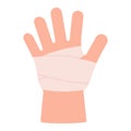 Child hand with bandage. First aid in case of accident, protection in case of burn of skin, physical trauma, wound