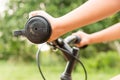 Child hand on the handlebar close up image Royalty Free Stock Photo