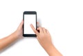 Child hand holding black smartphone and touch on white screen for advertise or banner isolated Royalty Free Stock Photo