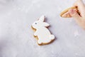 Child hand holds carrot cookie and rabbit cookie backdrop. Happy Easter background