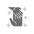 Child hand holds palm of man, donation to children, volunteering grey icon.